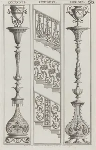 Candelabra Designs and Stair Railing Designs, nos. CCCXCV–CCCXCVII and 398–400, plate 60 from "Designs for Various Ornaments"