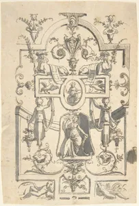 Candelabra Grotesque with a Female Figure in a Niche and Two Sphinxes
