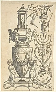 Candelabra Grotesque with a Large Vase Flanked by Sphinxes by Cornelis Bos|Anonymous, Italian, 16th century