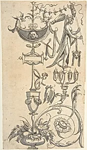 Candelabra Grotesque with a Vase with Fruit and an Amazon Shield by Cornelis Bos|Anonymous, Italian, 16th century