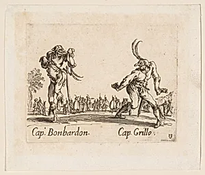 Capitano Bonbardon and Capitano Grillo, from Balli di Sfessania (Dance of Sfessania), plate 13 by Jacques Callot|Israel Silvestre