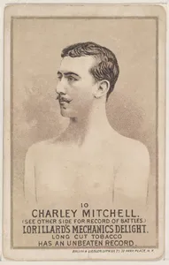 Card 10, Charley Mitchell, from the Prizefighters series (N269) issued by P. Lorillard Company to promote Mechanics Delight Long Cut Tobacco