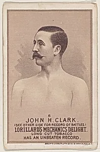 Card 5, John H. Clark, from the Prizefighters series (N269) issued by P. Lorillard Company to promote Mechanics Delight Long Cut Tobacco by P. Lorillard Company|Ballin & Liebler Lithography