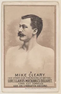Card 8, Mike Cleary, from the Prizefighters series (N269) issued by P. Lorillard Company to promote Mechanics Delight Long Cut Tobacco