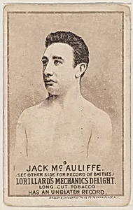 Card 9, Jack McAuliffe, from the Prizefighters series (N269) issued by P. Lorillard Company to promote Mechanics Delight Long Cut Tobacco by Ballin & Liebler Lithography|P. Lorillard Company