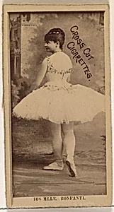 Card Number 108, Mlle. Bonfanti, from the Actors and Actresses series (N145-2) issued by Duke Sons & Co. to promote Cross Cut Cigarettes by W. Duke, Sons & Co.