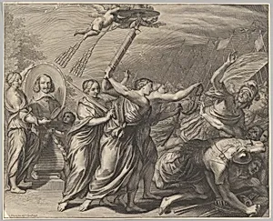 Cardinal (le Bret?) in oval with allegorigal figures and a battle scene by Grégoire Huret