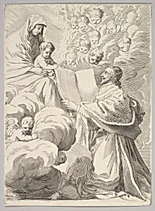 Cardinal Richelieu, Kneeling, Presents His Book to the Virgin and Child by Claude Mellan|Cardinal Duc de Richelieu