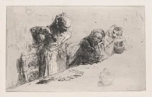 Cardplayers: three men, two seated one standing before a spread of cards on a table