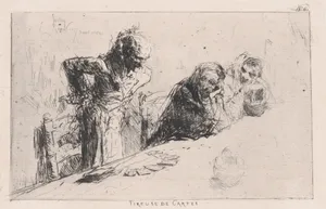 Cardplayers: three men, two seated one standing before a spread of cards on a table