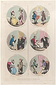 Caricature Medallions for Screens &c: A Morning Visitor, An Evening Visitor, A Welcome Visitor, A Noon Visitor, A Night Visitor, An Unwelcome Visitor by Thomas Rowlandson|Rudolph Ackermann, London