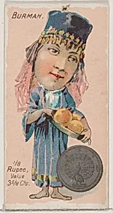 Caricatured Burmese figure, 1/8 Rupee, from the series Coins of All Nations (N72, variation 2) for Duke brand cigarettes by W. Duke, Sons & Co.