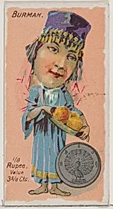 Caricatured Burmese figure, 1/8 Rupee, from the series Coins of All Nations (N72, variation 2) for Duke brand cigarettes by W. Duke, Sons & Co.
