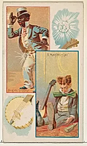 Caricatured figures / Bright's Disease / A Minstrel's Lay, from the Jokes series (N118) issued by Duke Sons & Co. to promote Honest Long Cut Tobacco by George S. Harris & Sons|American Tobacco Company|W. Duke, Sons & Co.