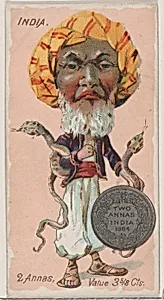 Caricatured Indian, 2 Annas, from the series Coins of All Nations (N72, variation 2) for Duke brand cigarettes by W. Duke, Sons & Co.