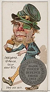 Caricatured Irishman, 10 Pence, from the series Coins of All Nations (N72, variation 1) for Duke brand cigarettes by W. Duke, Sons & Co.