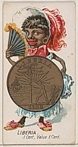 Caricatured Liberian, 1 Cent, from the series Coins of All Nations (N72, variation 1) for Duke brand cigarettes by W. Duke, Sons & Co.