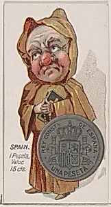 Caricatured Spaniard, 1 Peseta, from the series Coins of All Nations (N72, variation 1) for Duke brand cigarettes by W. Duke, Sons & Co.