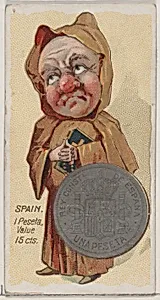 Caricatured Spaniard, 1 Peseta, from the series Coins of All Nations (N72, variation 2) for Duke brand cigarettes by W. Duke, Sons & Co.