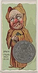 Caricatured Spaniard, 1 Peseta, from the series Coins of All Nations (N72, variation 2) for Duke brand cigarettes by W. Duke, Sons & Co.