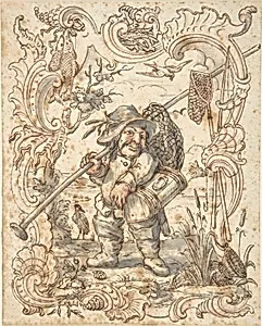 Caricatures of a Fish and a Bird Peddler in Ornamental Frames by Johann Esaias Nilson