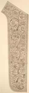 Cartoon for embroidery of a panel of a chasuble, decorated with floral, bud and animal designs