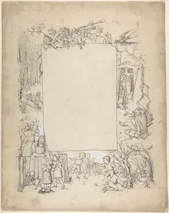 Cartouche framed with scenes of Christ leaving tomb and Easter Bunny