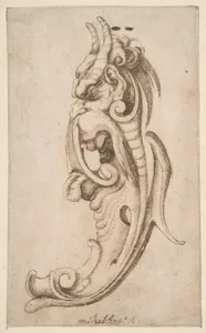 Cartouche in the Form of a Horned Monster's Head in Near Profile View.