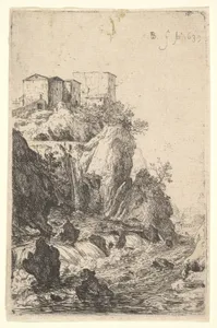 Cascades near Ponte della Trave, with buildings on a rocky outcrop above, from the series 'The Ruins of Rome'