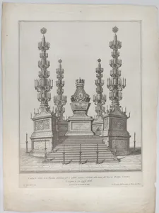 Catafalque for Pope Clement X: a central structure raised on a 15 stepped platform, with columns surmounted by elaborate candelabra at each corner
