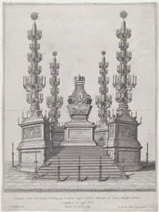 Catafalque for Pope Clement X; central structure at the top of a fifteen step platform, with columns surmounted by candelabra at each of the four corners