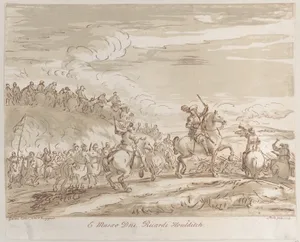 Cavalry advancing to the charge, with a central figure on horseback raising a sword