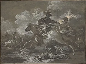 Cavalry Skirmish with a Fallen Soldier at Right