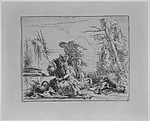 Chained Woman and Other Figures Regarding a Pyre of Bones, from the Capricci by Giovanni Battista Tiepolo
