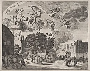 Charles II entering The Hague in a carriage with the Mauritshuis on the right; from 'Verhael van de Reys van Carel II, Coning van Groot-Brittannië, in Hollandt van 25 Mey tot 2 Junij 1660' by Jan Hendrikz. Vliet|Pieter Philippe