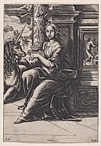Chastity, a woman seated, a unicorn to her right by Antonio Salamanca|Agostino Veneziano (Agostino dei Musi)|Raphael (Raffaello Sanzio or Santi)