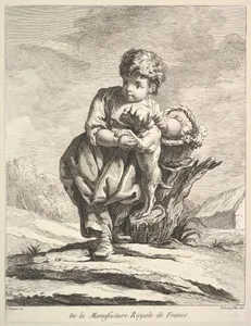 Child with a dog, holding a basket of grapes, from Premier Livre de Figures d'après les porcelaines de la Manufacture Royale de France, inventées en 1757, par Mr. Boucher (First Book of Figures after porcelains from the Manufacture Royale de France, devised in 1757, by Mr. Boucher)