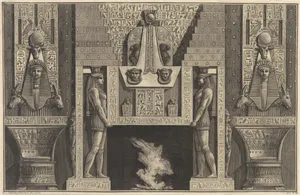 Chimneypiece in the Egyptian style: Giant figures supporting the lintel, flanked by chairs, from "Diverse Maniere d'adornare i cammini..." (Diverse Ways of ornamenting chimneypieces...)