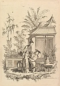 Chinoiserie scene with figures in a landscape