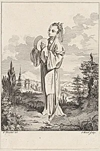 Chinoiserie with a woman holding cymbals, from Suite de Figures Chinoises. . .Tiré du Cabinet de Mr. d'Azaincourt (Series of Chinoiserie Figures. . .From the Chambers of Mr. d'Azaincourt) by Gilles Demarteau|Jean Pierre Louis Laurent Hoüel|François Boucher