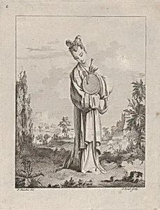 Chinoiserie with a woman playing a gong, from Suite de Figures Chinoises. . .Tiré du Cabinet de Mr. d'Azaincourt (Series of Chinoiserie Figures. . .From the Chambers of Mr. d'Azaincourt), plate 6 by Gilles Demarteau|François Boucher|Jean Pierre Louis Laurent Hoüel