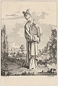 Chinoiserie with a woman playing a gong, from Suite de Figures Chinoises. . .Tiré du Cabinet de Mr. d'Azaincourt (Series of Chinoiserie Figures. . .From the Chambers of Mr. d'Azaincourt) by Gilles Demarteau|Jean Pierre Louis Laurent Hoüel|François Boucher