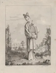 Chinoiserie with a woman playing a gong, from Suite de Figures Chinoises. . .Tiré du Cabinet de Mr. d'Azaincourt (Series of Chinoiserie Figures. . .From the Chambers of Mr. d'Azaincourt), plate 6
