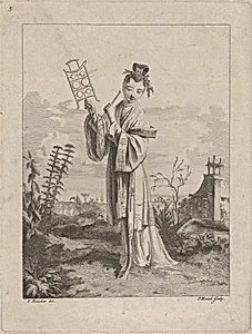 Chinoiserie with a woman playing a musical instrument, from Suite de Figures Chinoises. . .Tiré du Cabinet de Mr. d'Azaincourt (Series of Chinoiserie Figures. . .From the Chambers of Mr. d'Azaincourt), plate 5 by Gilles Demarteau|François Boucher|Jean Pierre Louis Laurent Hoüel