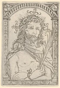 Christ as the man of sorrows set within an ornate frame