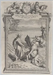 Christ calling Saint Andrew, who kneels before him on a beach, and Saint Peter, who climbs out of a boat at right