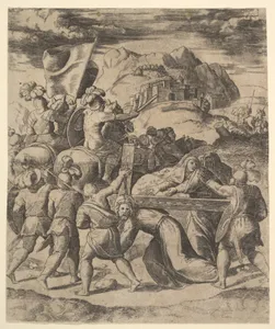 Christ carrying the cross surrounded by soldiers, several on horseback