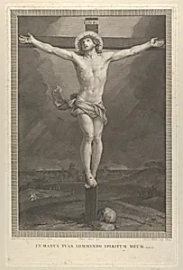 Christ crucified on the cross, a skull at the base, buildings in the background, after Reni by Guido Reni|Giovanni Volpato|Teodoro Matteini