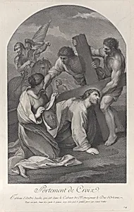 Christ fallen to the ground under the weight of the cross, with two men assisting and Saint Veronica kneeling with the veil at left by Simon de la Vallée|Andrea Sacchi