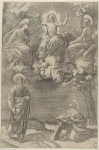 Christ flanked by the Virgin and St. John in the upper section, St. Paul and St. Catherine below